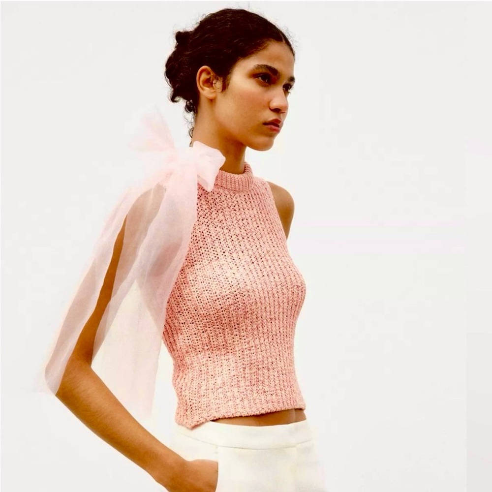 ZARA Organza Bow Peach / Pink Knit Top M NWT